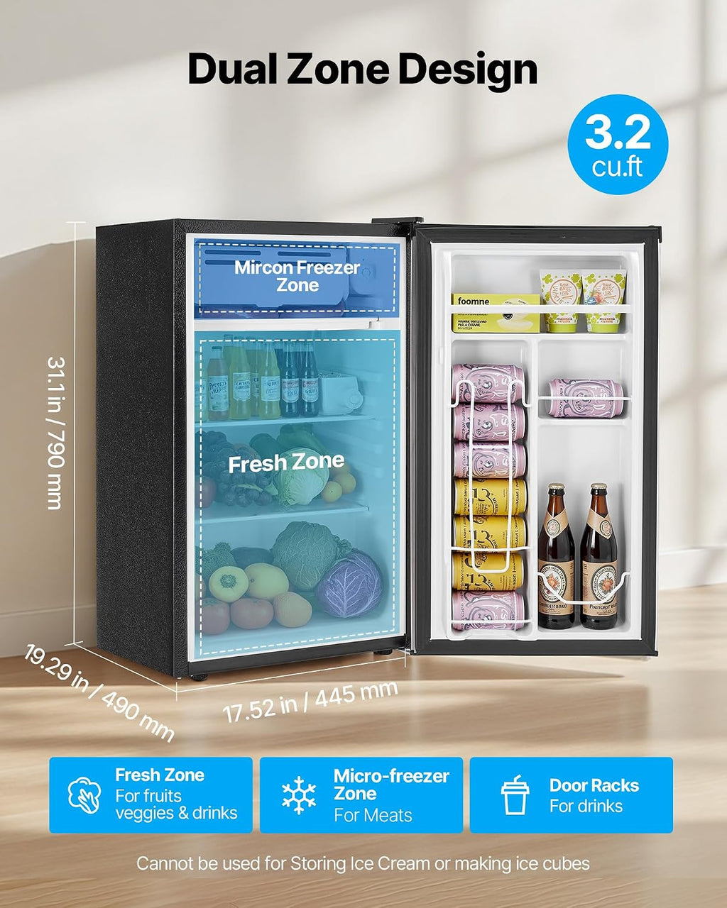 VEVOR 3.2 Cu.Ft Mini Fridge with Freezer, Single Door Compact Refrigerator with Micron Freezer Zone, 7-Mode Adjustable Temp, Energy Efficient Dorm Fridge, Reversible Door, Low Noise, Brushed Steel