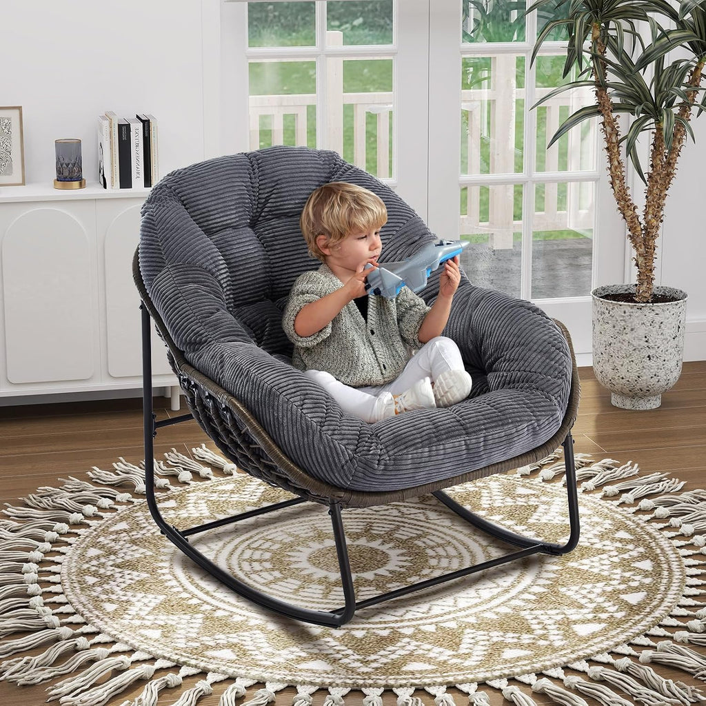Oversized Indoor Rocking Chair, Comfy Corduroy Rocking Papasan Chair with Thick Cushion and Frame, Large Wicker Rocker Egg Chair Reading Chair for Living Room, Bedroom, Lounge,Balcony,Grey