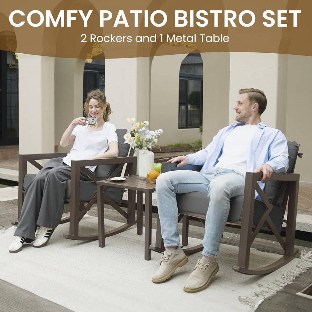 UDPATIO Outdoor Rocking Chair Set of 2 with Coffee Table, 3 Piece Metal Patio Furniture Set with 6.5' Water-Resistant Cushions, Oversized, 350lbs Heavy-Duty, for Porch, Patio, Balcony, Dark Grey