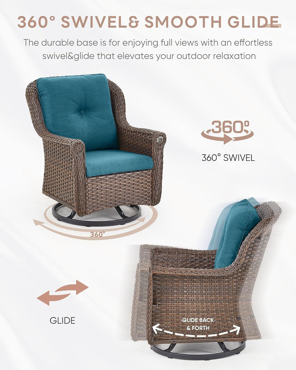 Patio Chairs Outdoor Swivel Glider - Set of 4 High Back Outside Brown Wicker Rattan Rocking Chair with Thick Cushion for Porch Apartment Deck Yard Poolside Garden - Peacock Blue