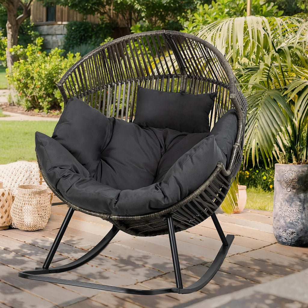 Vongrasig Wicker Egg Chair PE Rattan Rocking Chair with Cushion, Oversized Patio Lounge Rocker Chair for Outdoor, Indoor, Balcony, Backyard, Garden, Black/Rattan