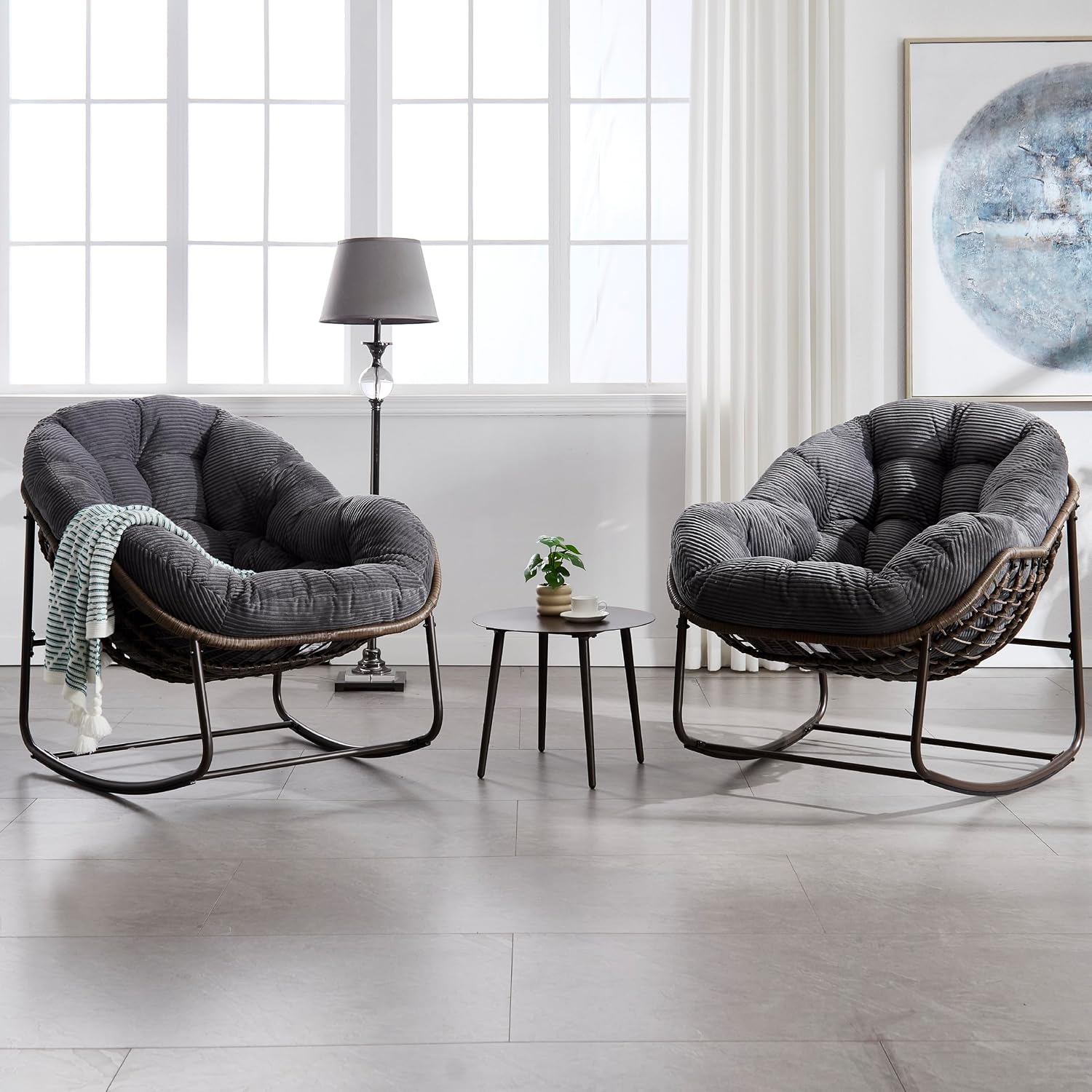 KEIKI Oversized Patio Lounge Chair-Outdoor Rattan Egg Reading Chair, Indoor Padded Cushion Papasan Rocking Chair W/Steel Frame, Porch Rocker Chairs Furniture for Garden Lawn, Grey Velvet