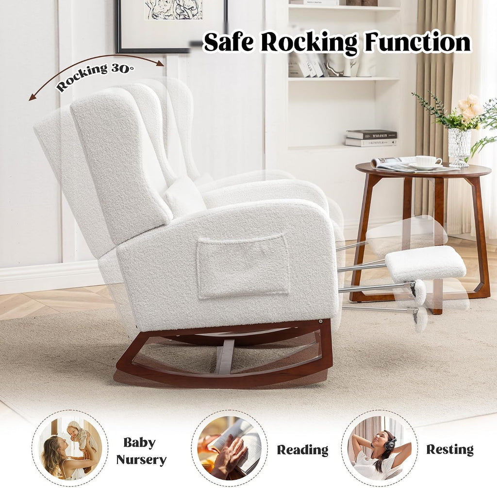HCHAIRH Rocking Chair Nursery with Foot Rest, Wingback Nursery Rocking Chairs Sherpa Nursing Chairs Glider Rocker with Pillow for Living Room, Bedroom, Teddy White