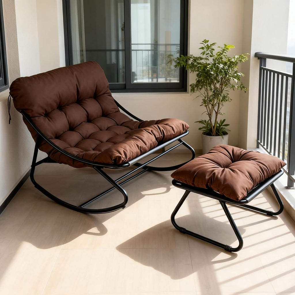 Outdoor Rocking Chair, Oversized Patio Papasan Rocking Chair with Cushion, Modern Comfy Lounge Rocker Chairs for Indoor Balcony Porch (Brown)