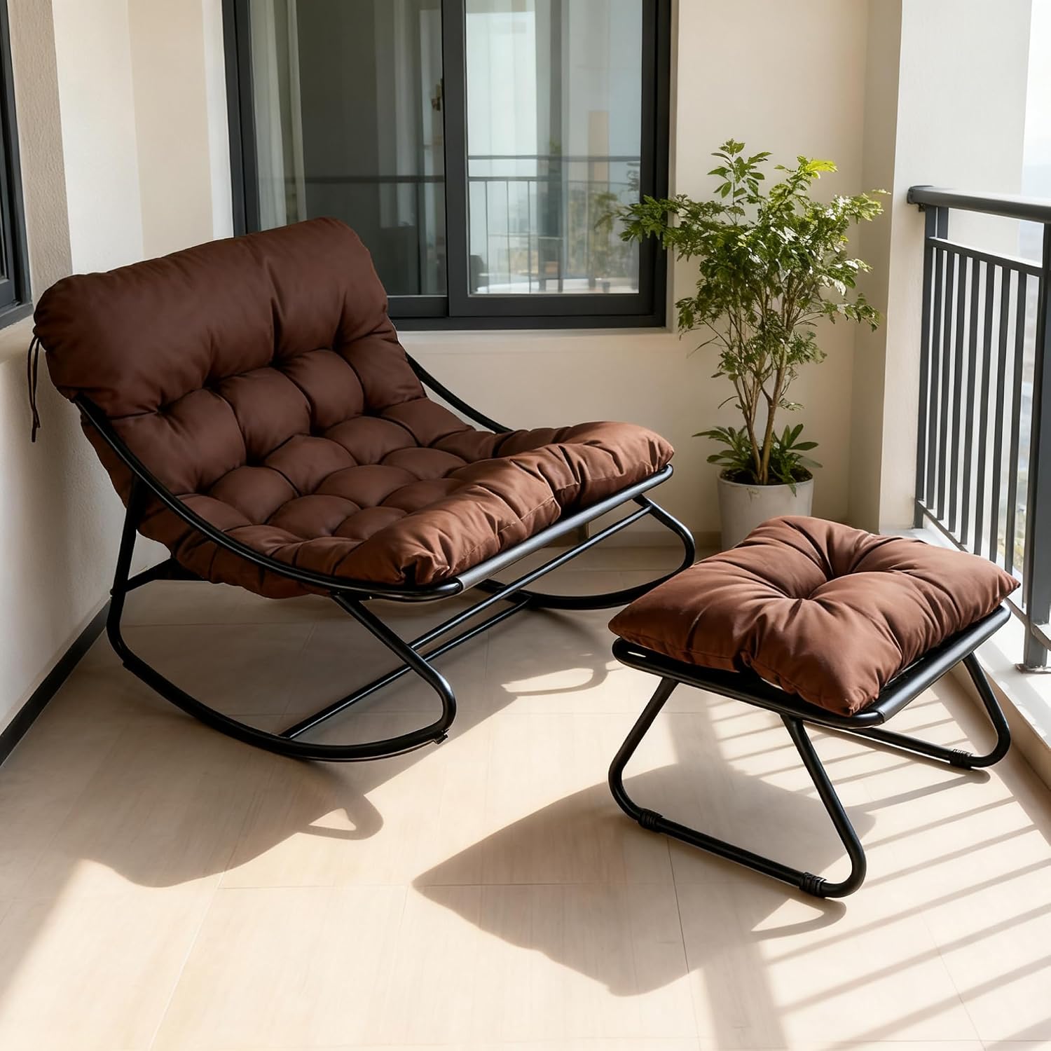 Outdoor Rocking Chair, Oversized Patio Papasan Rocking Chair with Cushion, Modern Comfy Lounge Rocker Chairs for Indoor Balcony Porch (Brown)