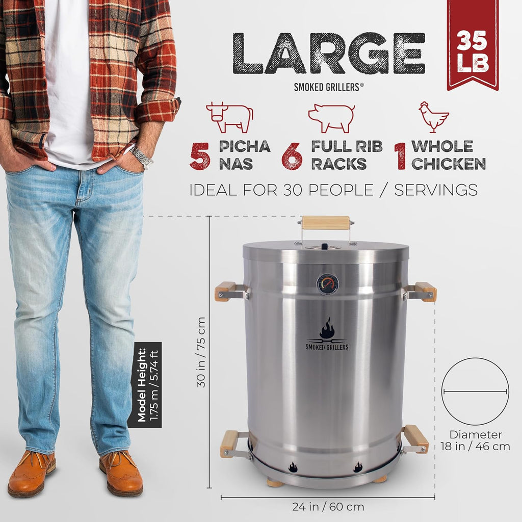 Barrel Smoker Grill Combo | 100% 304 Stainless Steel Barrel | 95% Less Smoke, Even Heat | Easy to Use & Clean – Vertical Smoker Ideal for Balconies and Backyards (LARGE-35 LBS)