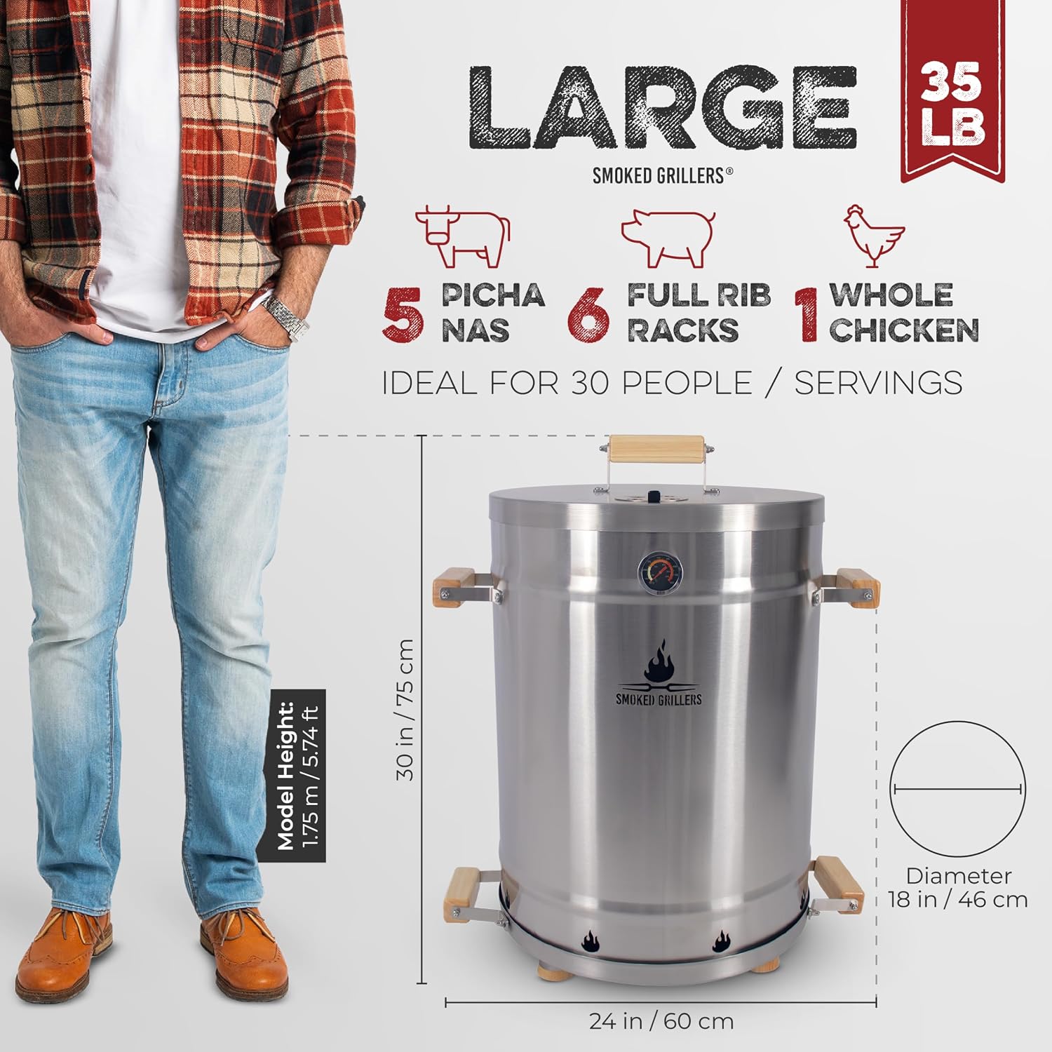 Barrel Smoker Grill Combo | 100% 304 Stainless Steel Barrel | 95% Less Smoke, Even Heat | Easy to Use & Clean – Vertical Smoker Ideal for Balconies and Backyards (LARGE-35 LBS)
