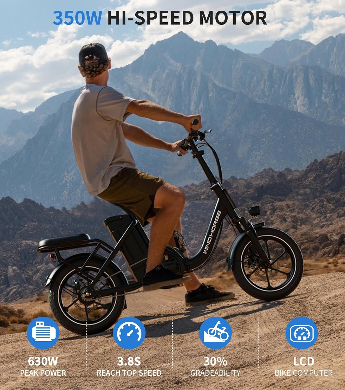 WINDHORSE 16' Folding Electric Bike for Adults, 630W Peak Motor, 20MPH, 19–35 Miles Pedal Assist Range, LCD Display, Dual Disc Brakes, Removable Battery
