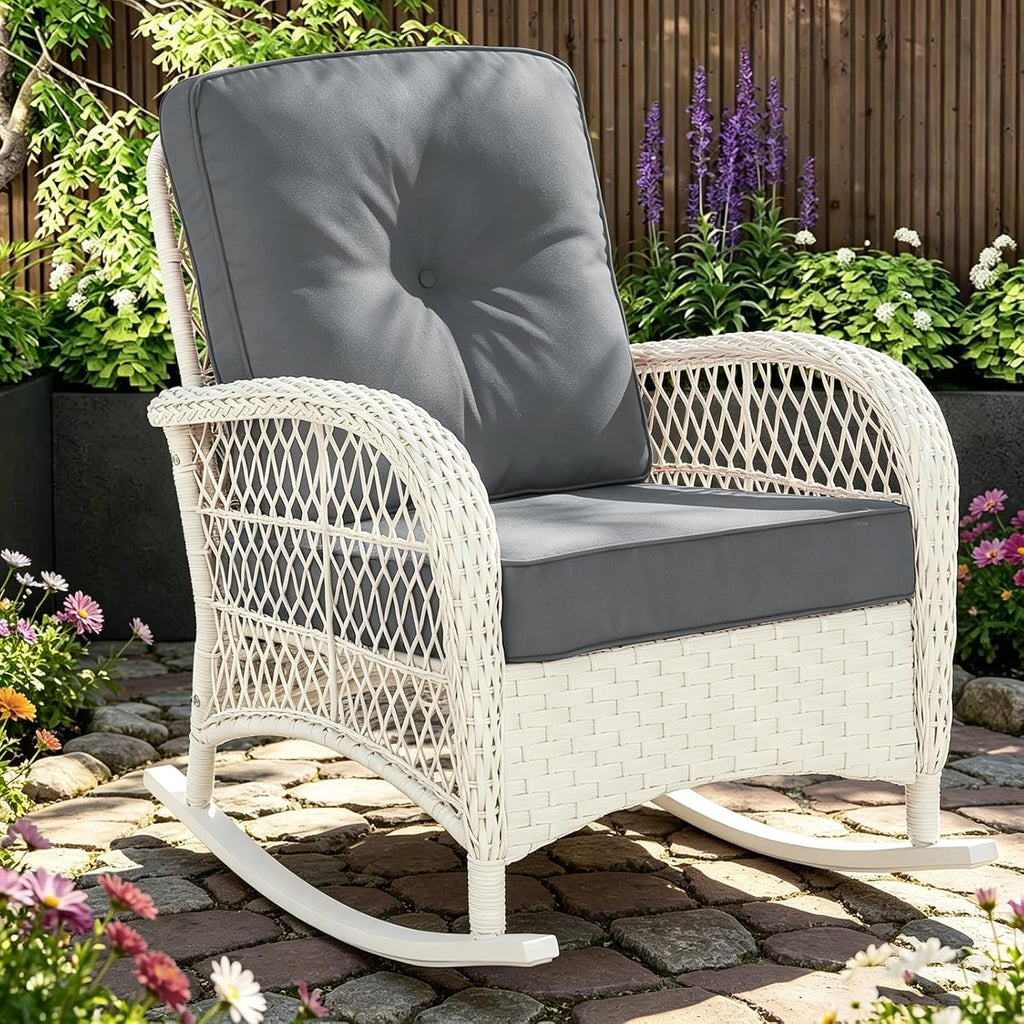 MEETWARM Outdoor Wicker Rocking Chair, Rattan Patio Rocker Chairs with Cushions and High Back, All-Weather Patio Wicker Chair with Safe Rocking Design for Garden Backyard Porch, Cream White/Grey