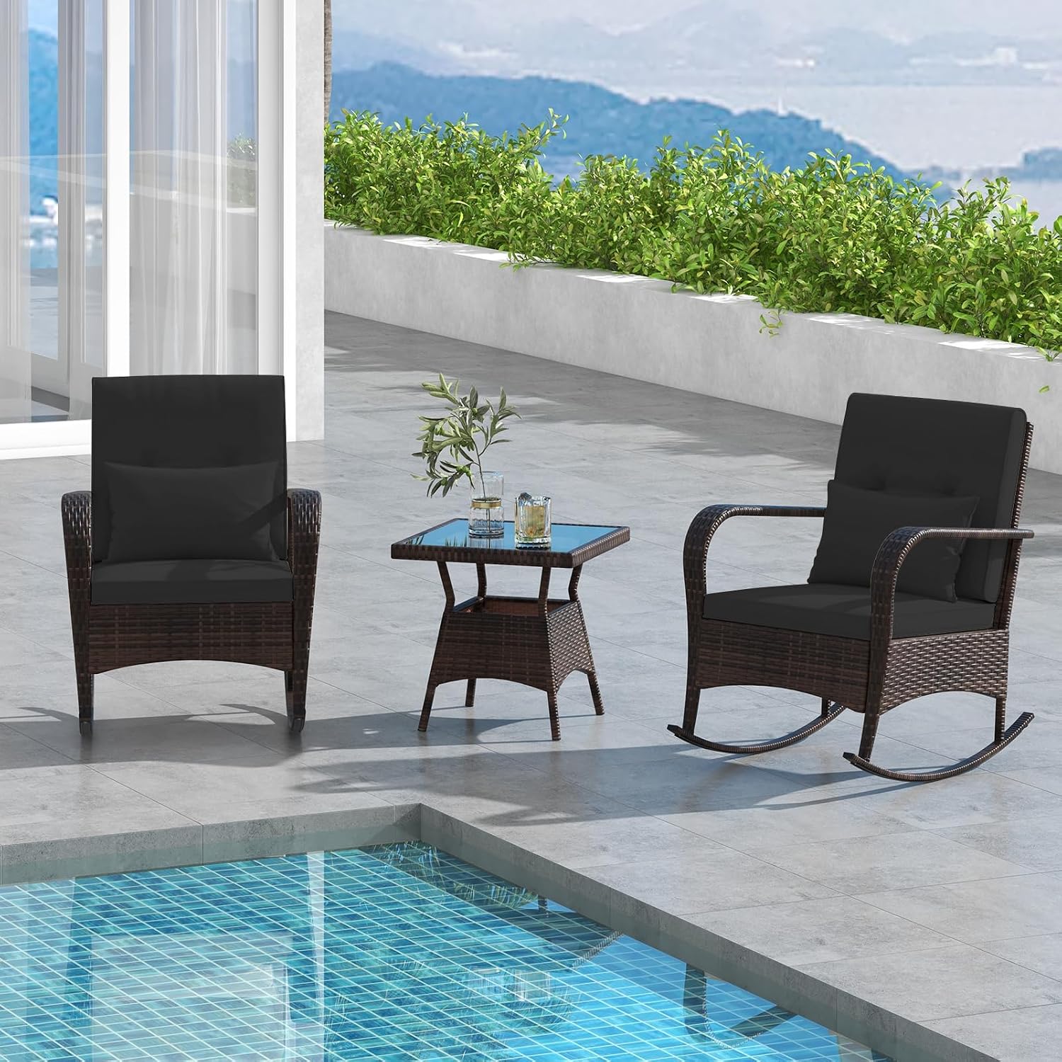 Tangkula 3 Pieces Rocking Bistro Set, Patiojoy Outdoor PE Rattan Rocker Chairs with Removable Cushions & Tempered Glass Top Coffee Table, Outdoor Wicker Furniture Set for Porch, Garden (Black)
