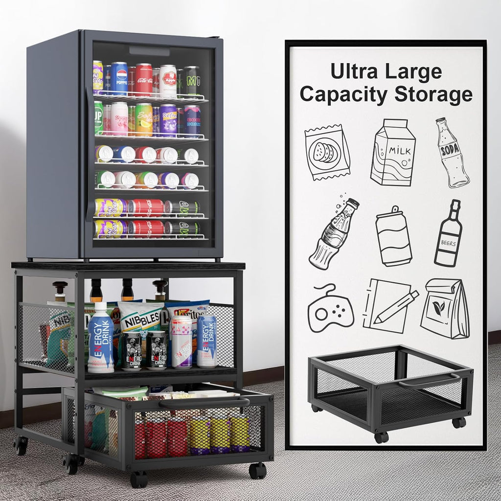 21x21in Mini Fridge Stand with Storage, Heavy Duty Mini Fridge Table with 4 Lockable Wheels for Coffee Bar 220LBS Compact Beverage Refrigerator Stand Cabinet Dorm Fridge Cart for Office Home (Black)