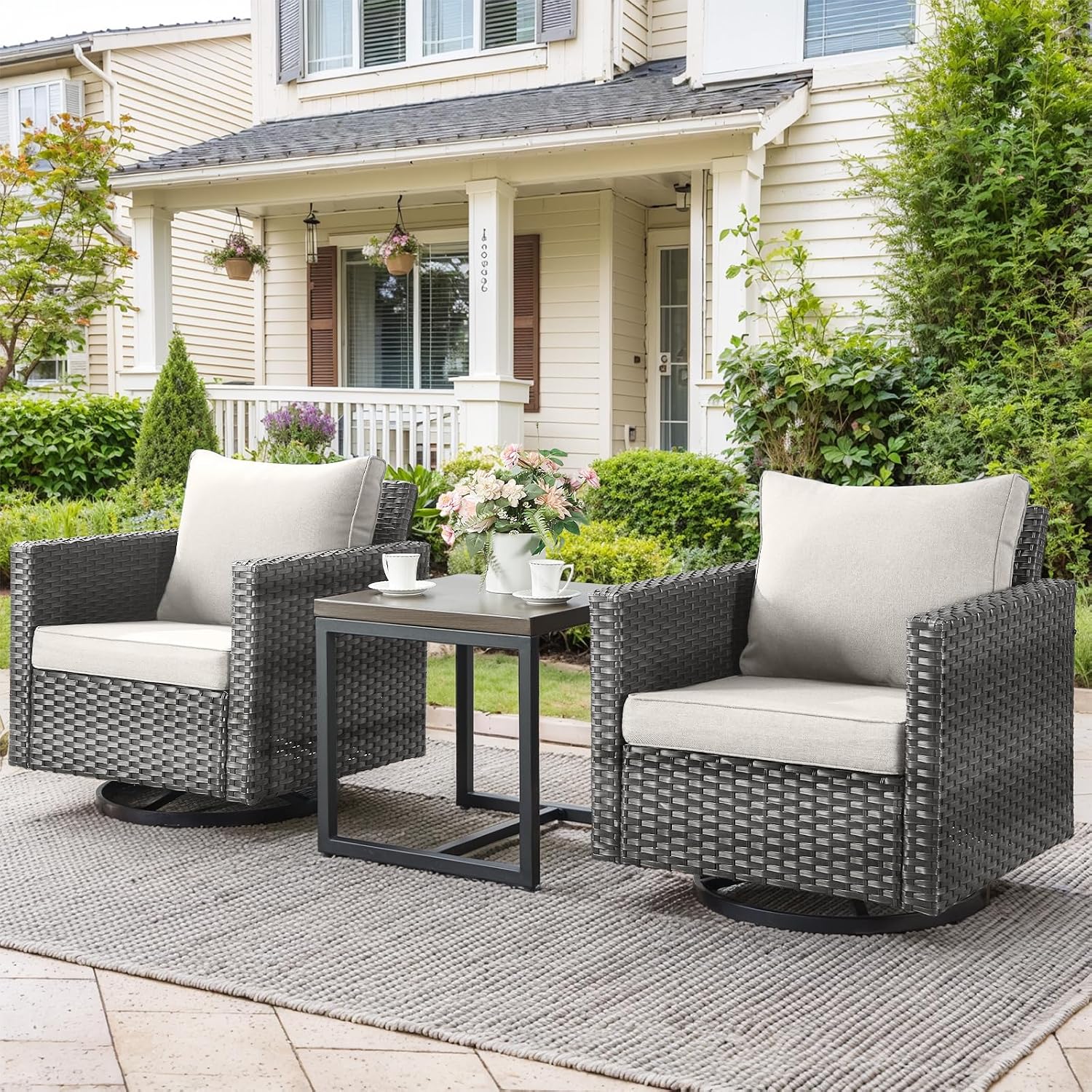 Outdoor Swivel Rocking Chairs,3 Pieces Patio Bistro Sets Rattan Chairs Set of 2 with Matching Side Table for Deck Porch Garden Backyard-Grey/Beige