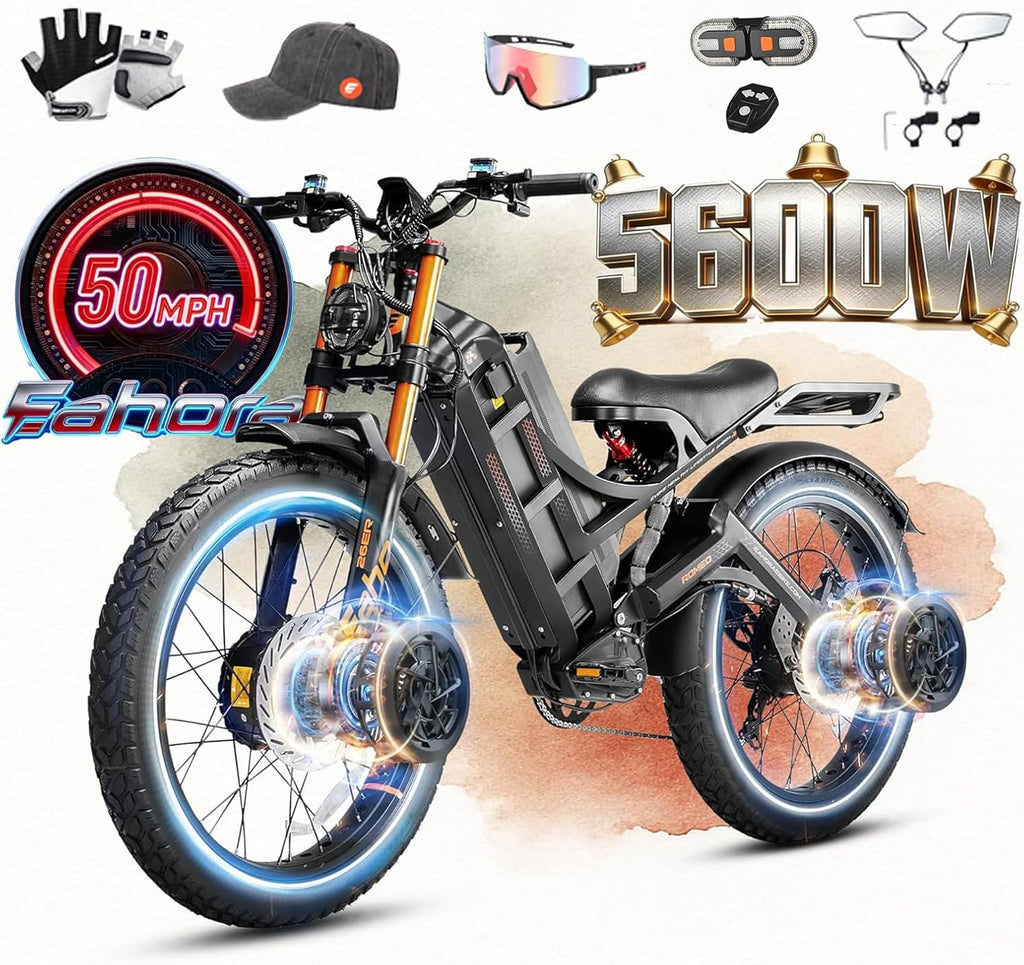eAhora 2026 Romeo Pro 3 50MPH Electric Bike for Adults 5600W Dual Motor E Bike 60V/80Ah 250 Miles Long Range Electric Bicycle,26 * 4.0 Fat Tire Full Suspension Electric Mountain Bike Delivery Commute