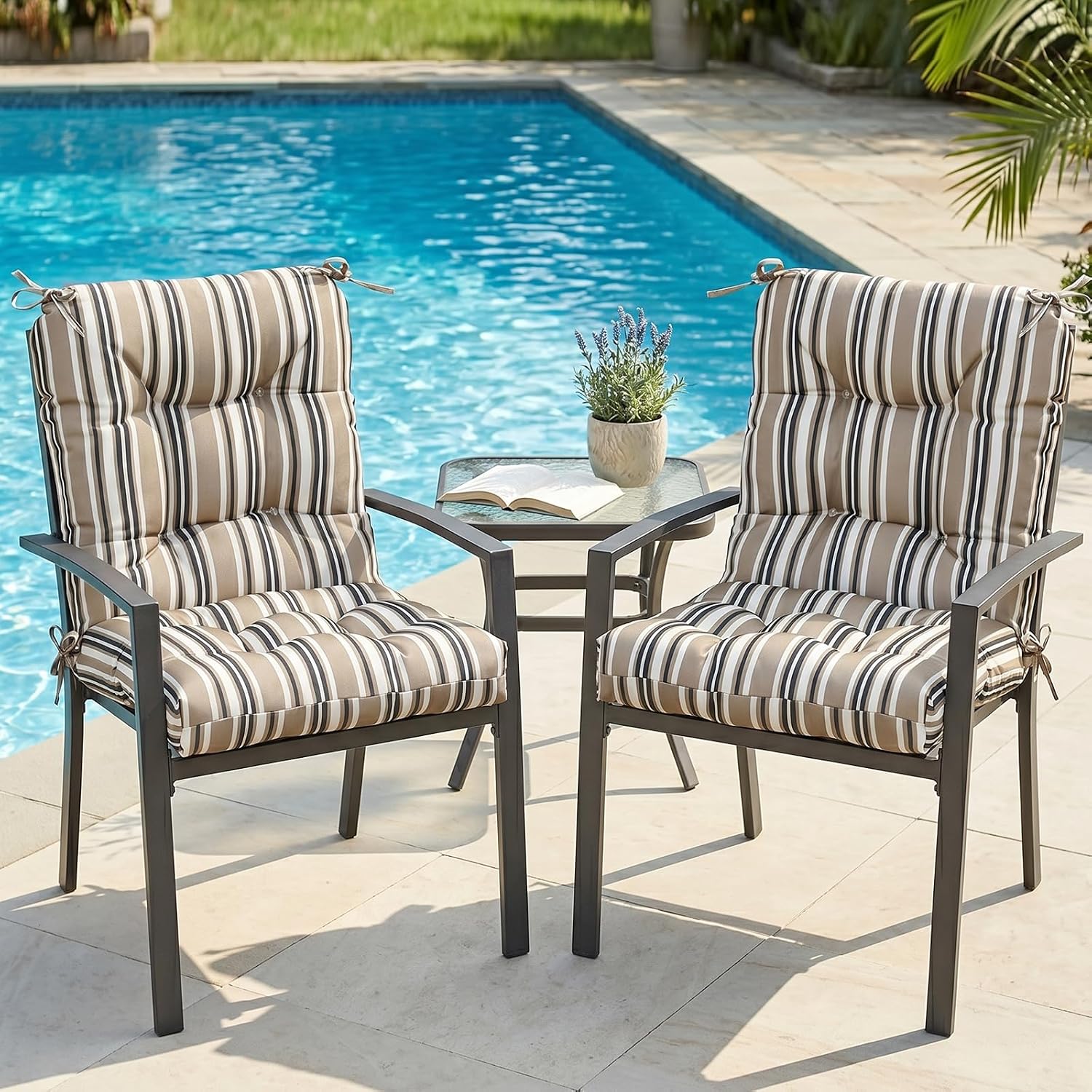 EAGLE PEAK Tufted Outdoor/Indoor Seat/Back Chair Cushions, Set of 2, 42'' x 21'', Beige Stripe
