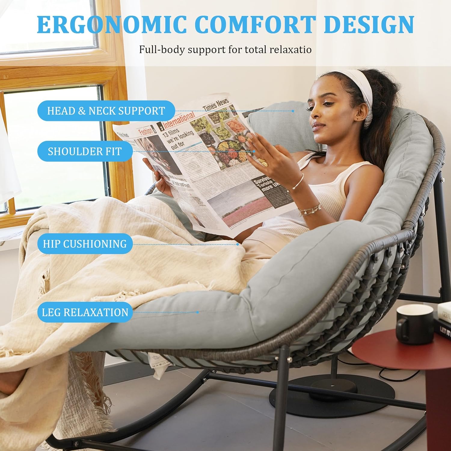 Rocking Chair Outdoor, Oversized Papasan Rocking Chair Indoor with 6' Thick Padded Cushion, Comfy Rattan Rocker Egg Chair for Patio, Backyard, Garden, Balcony, Lawn, Up To 450lbs, Light Gray