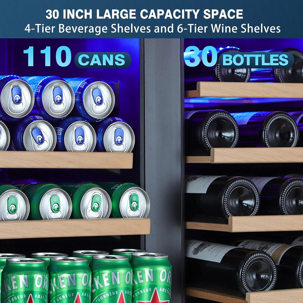30 Inch Wine and Beverage Refrigerator, Dual Zone Wine Fridge with Quiet & Upgraded Cooling System, Large Capacity Beverage Cooler, Built-In or Freestanding, Holds 30 Bottles and 110 Cans