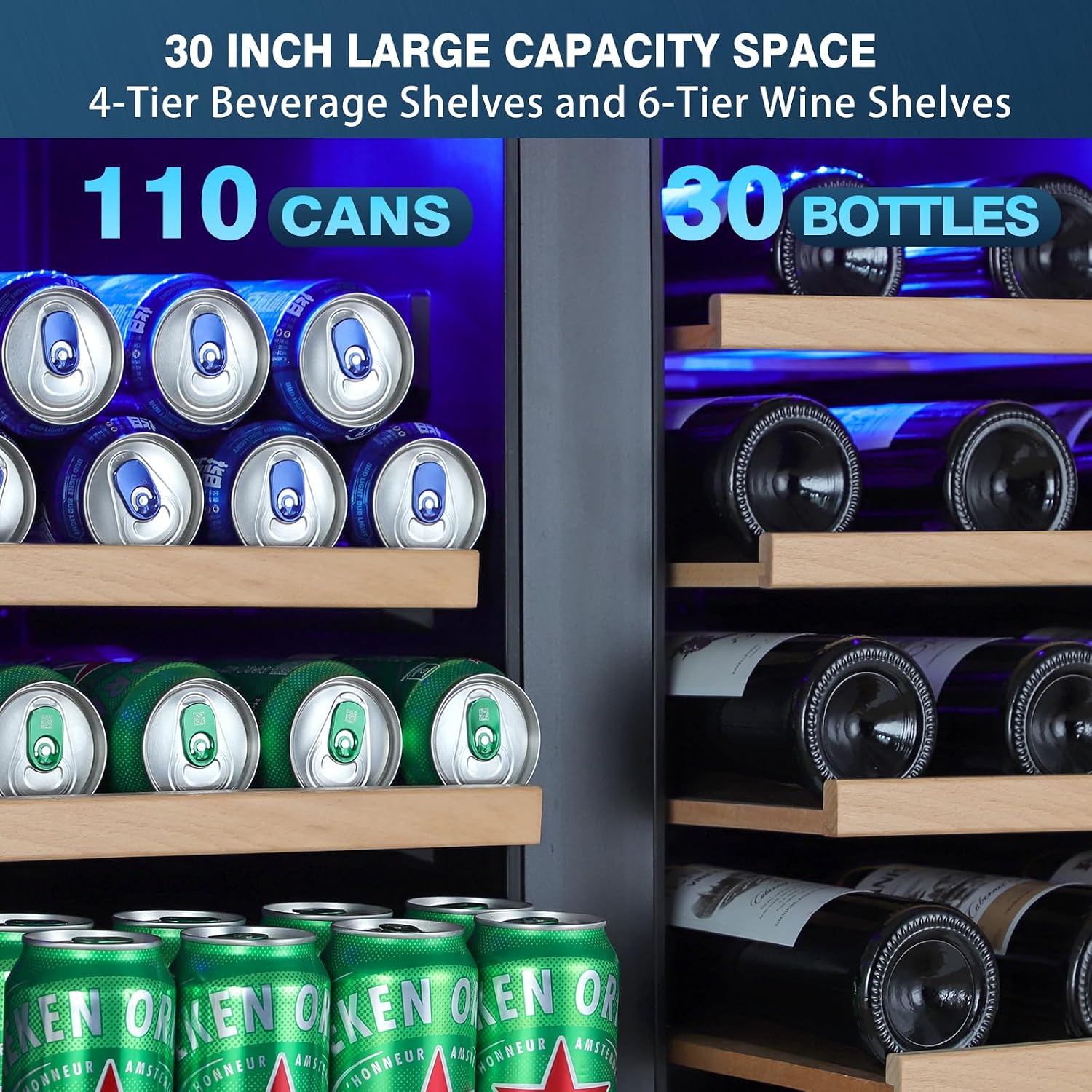 30 Inch Wine and Beverage Refrigerator, Dual Zone Wine Fridge with Quiet & Upgraded Cooling System, Large Capacity Beverage Cooler, Built-In or Freestanding, Holds 30 Bottles and 110 Cans