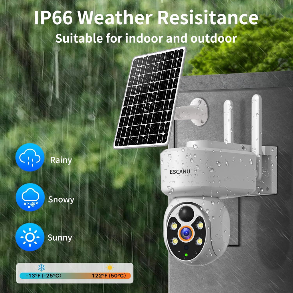 ESCANU Wireless Home Security Cameras System,Solar Power PTZ Outdoor Cameras,Motion Detection,Night Vision,Water-Proof,2-Way Audio,No Subscription Fee,Cloud/SD Card Storage
