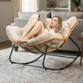 PROHIKER Outdoor Papasan Rocking Chair, Indoor Egg Rocking Chair with Thick Cushion, Oversized Wicker Rattan Patio Lounge Chairs for Backyard, Balcony, Living Room (Beige)