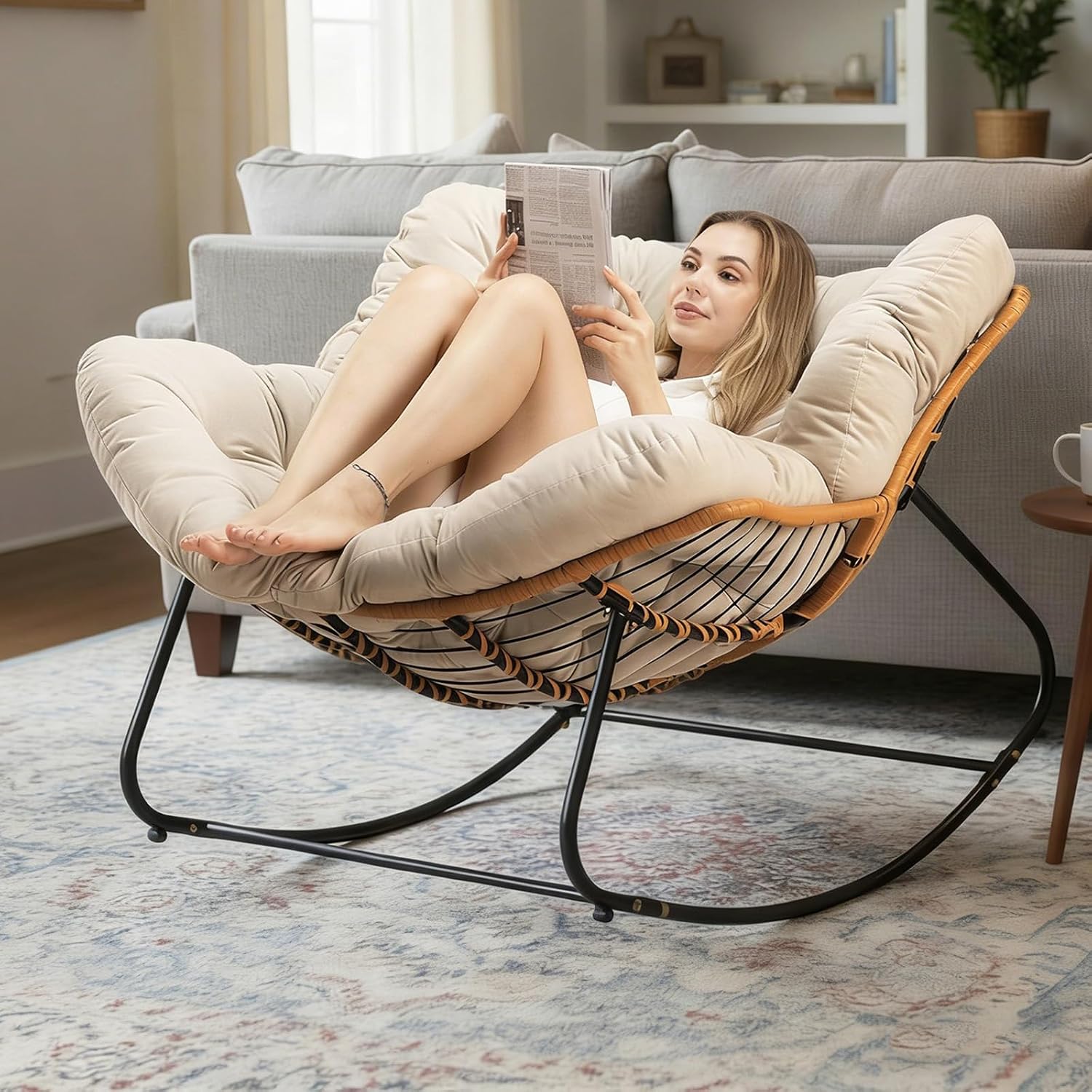 PROHIKER Outdoor Papasan Rocking Chair, Indoor Egg Rocking Chair with Thick Cushion, Oversized Wicker Rattan Patio Lounge Chairs for Backyard, Balcony, Living Room (Beige)
