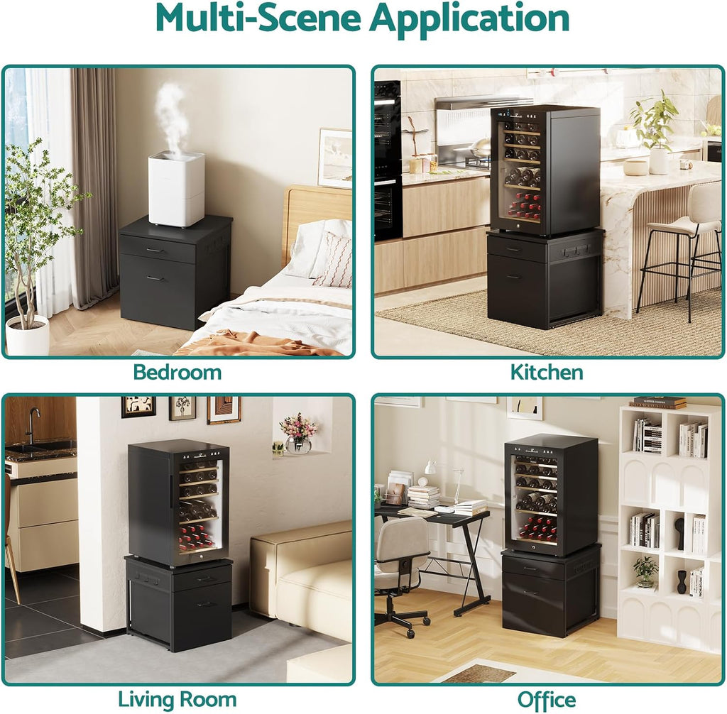 Kikihouse Mini Fridge Stand with Storage, Heavy Duty Mini Fridge Table with Rolling Cabinet, 250LBS Capacity Tabletop with Lockable Wheel for Dorm, Home, Office, Bedroom (Black)