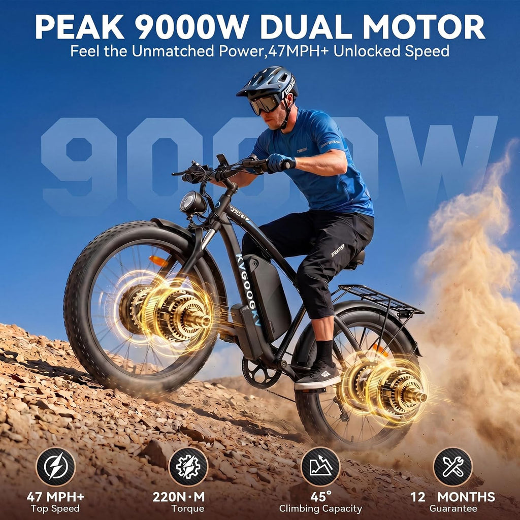 9000W Peak Electric Bike for Adults,58V Max-Output 1972Wh Dual Motor Ebike,47MPH 105 Miles Long Range,24' x4.0 Fat Tire Lockable Suspension Electric Bicycle for Off-Road Mountain Commuter