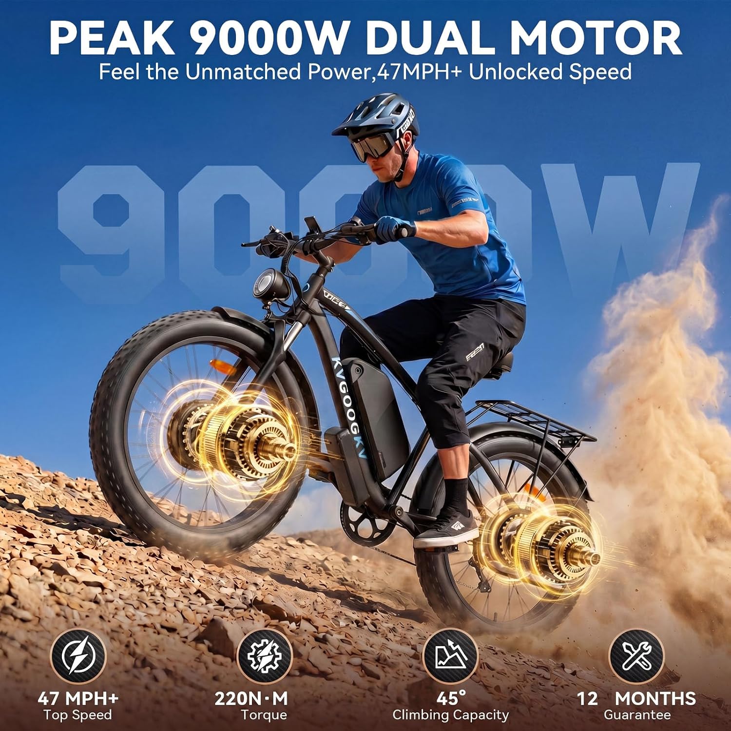 9000W Peak Electric Bike for Adults,58V Max-Output 1972Wh Dual Motor Ebike,47MPH 105 Miles Long Range,24' x4.0 Fat Tire Lockable Suspension Electric Bicycle for Off-Road Mountain Commuter