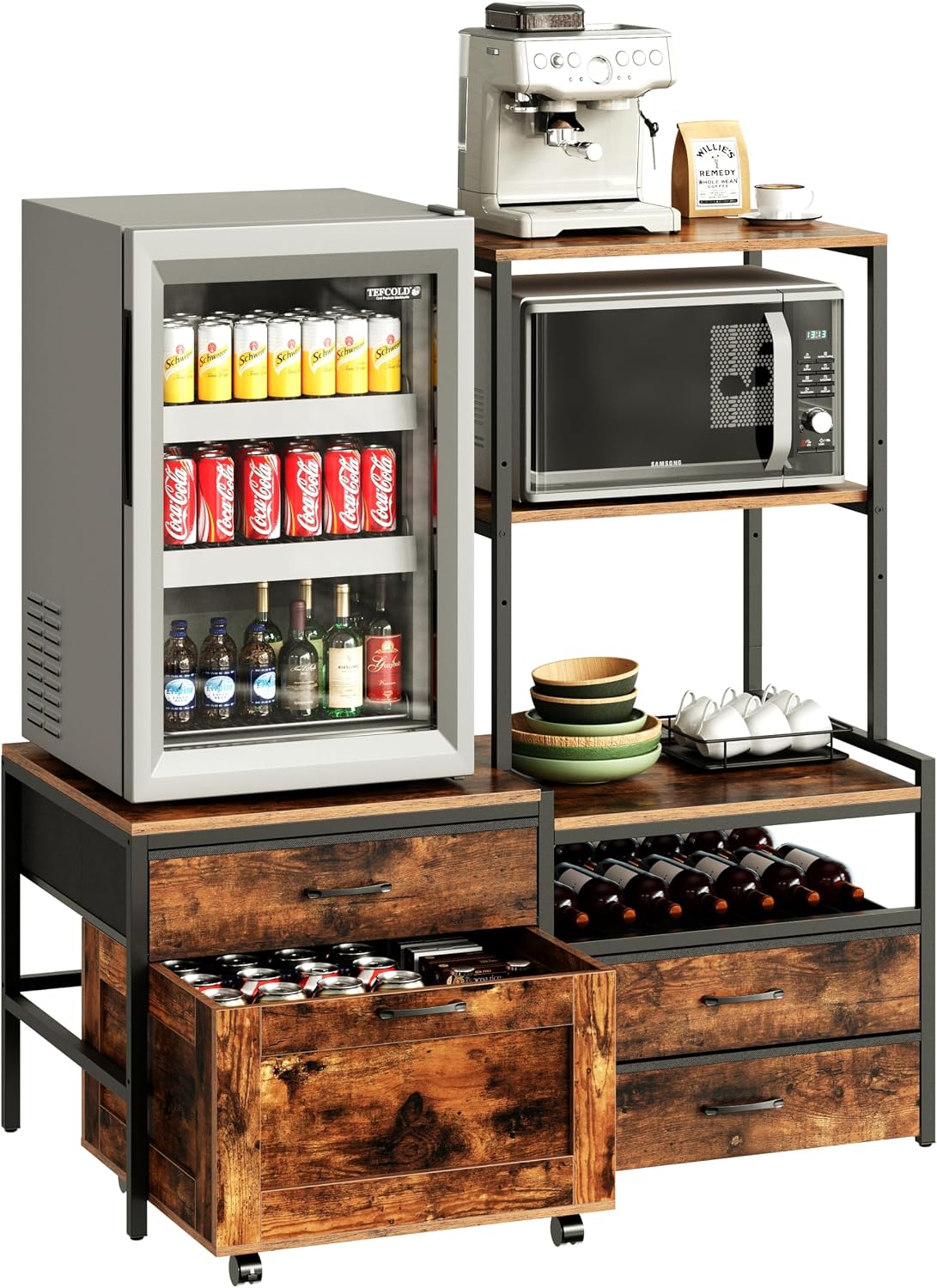 Herture Mini Fridge Stand with Wine Rack, Kitchen Bakers Rack with Power Outlet, Microwave Oven Stand, Coffee Bar, Movable Drawers, for Dorm,Office, Brown HB04BXN