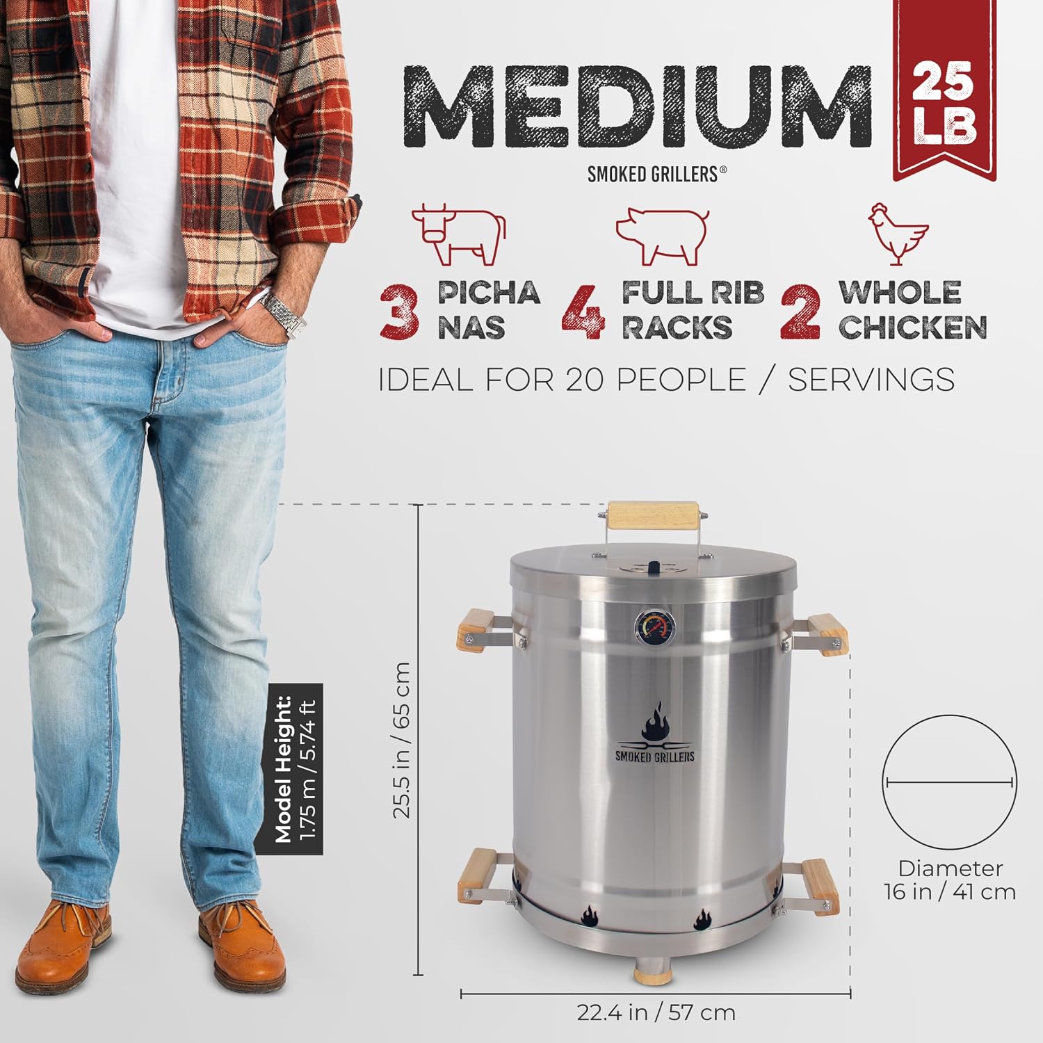 Barrel Smoker Grill Combo | 100% 304 Stainless Steel Barrel | 95% Less Smoke, Even Heat | Easy to Use & Clean – Vertical Smoker Ideal for Balconies and Backyards (MEDIUM-25 LBS)