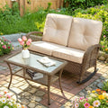 MEETWARM Outdoor Double Rocking Chair with Coffee Table, Oversized Loveseat Rocker with Thick Cushion for 2-Person，All-Weather 600 lbs Heavy Duty Rocking Bench Large Loveseat Patio Sofa for Garden