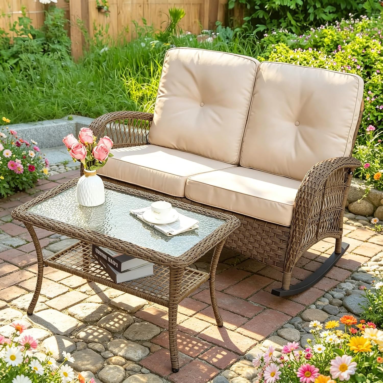 MEETWARM Outdoor Double Rocking Chair with Coffee Table, Oversized Loveseat Rocker with Thick Cushion for 2-Person，All-Weather 600 lbs Heavy Duty Rocking Bench Large Loveseat Patio Sofa for Garden