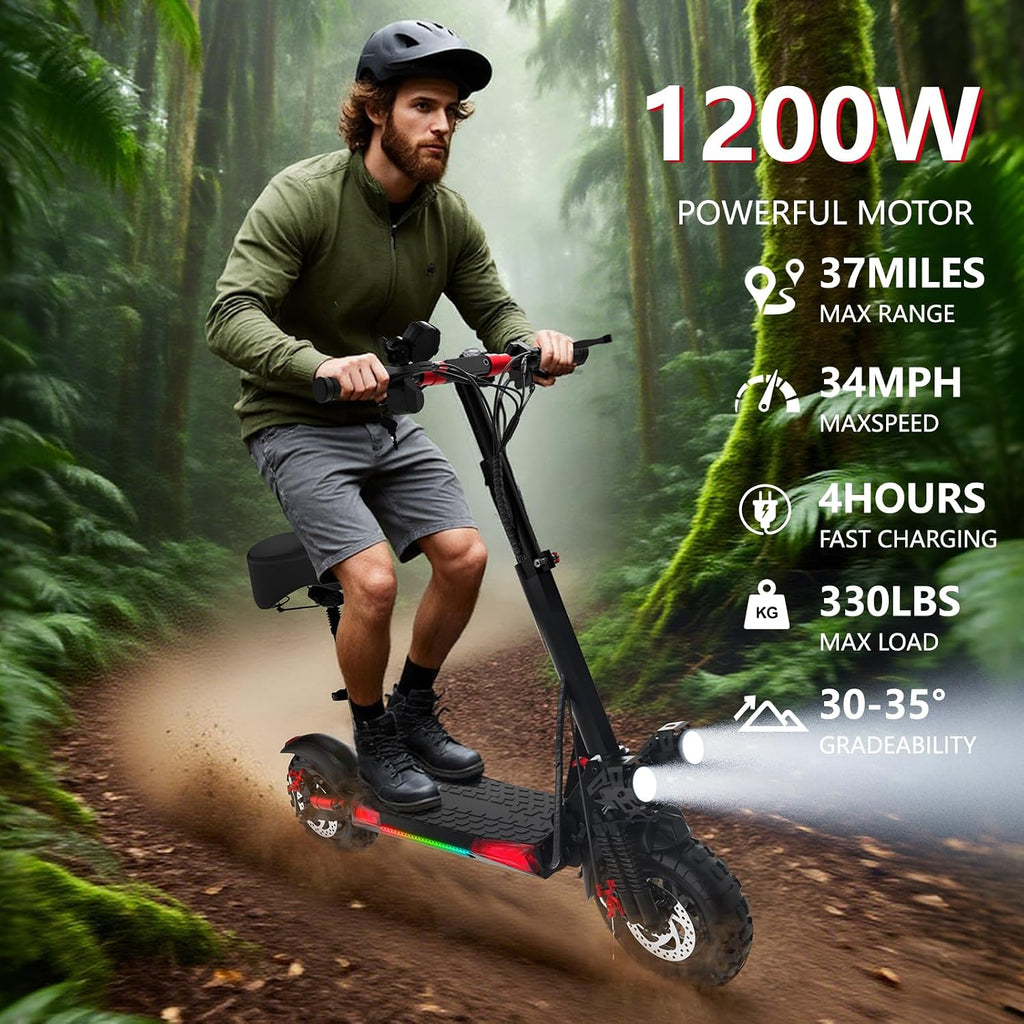 Electric Scooter Adults, 26/37 Miles Long Range, 28/34 Mph Max Speed, 10/11' Off-Road Tires,1200W/1600W Motor, Adjustable Handlebar Height, Dual Braking System,Folding Commuter E Scooter