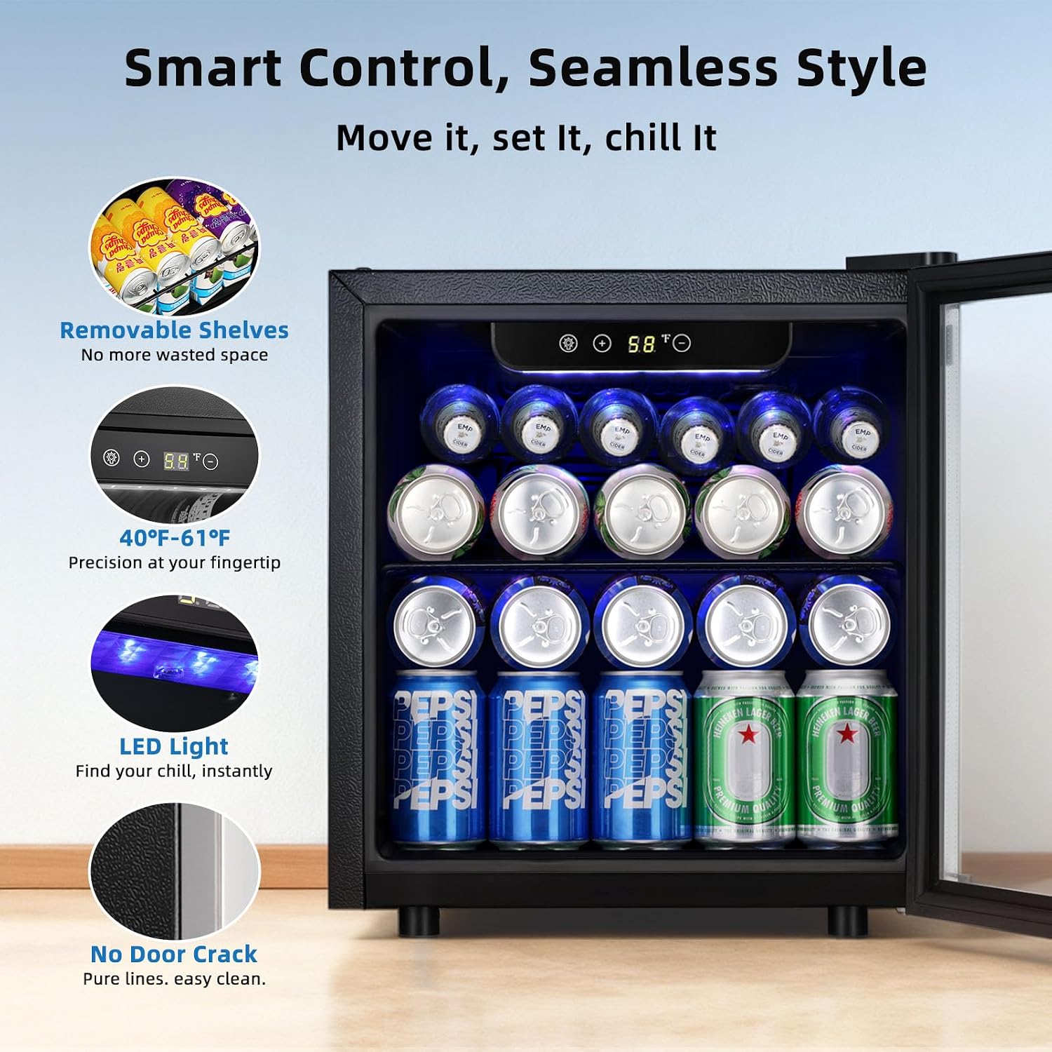 Antarctic Star 48 Can Beverage Refrigerator, 12 Bottle Mini Fridge with Seamless Stainless Steel Glass Door, Digital Temperature Display, Countertop Wine Cooler for Home Bar, Office, Kitchen, Silver