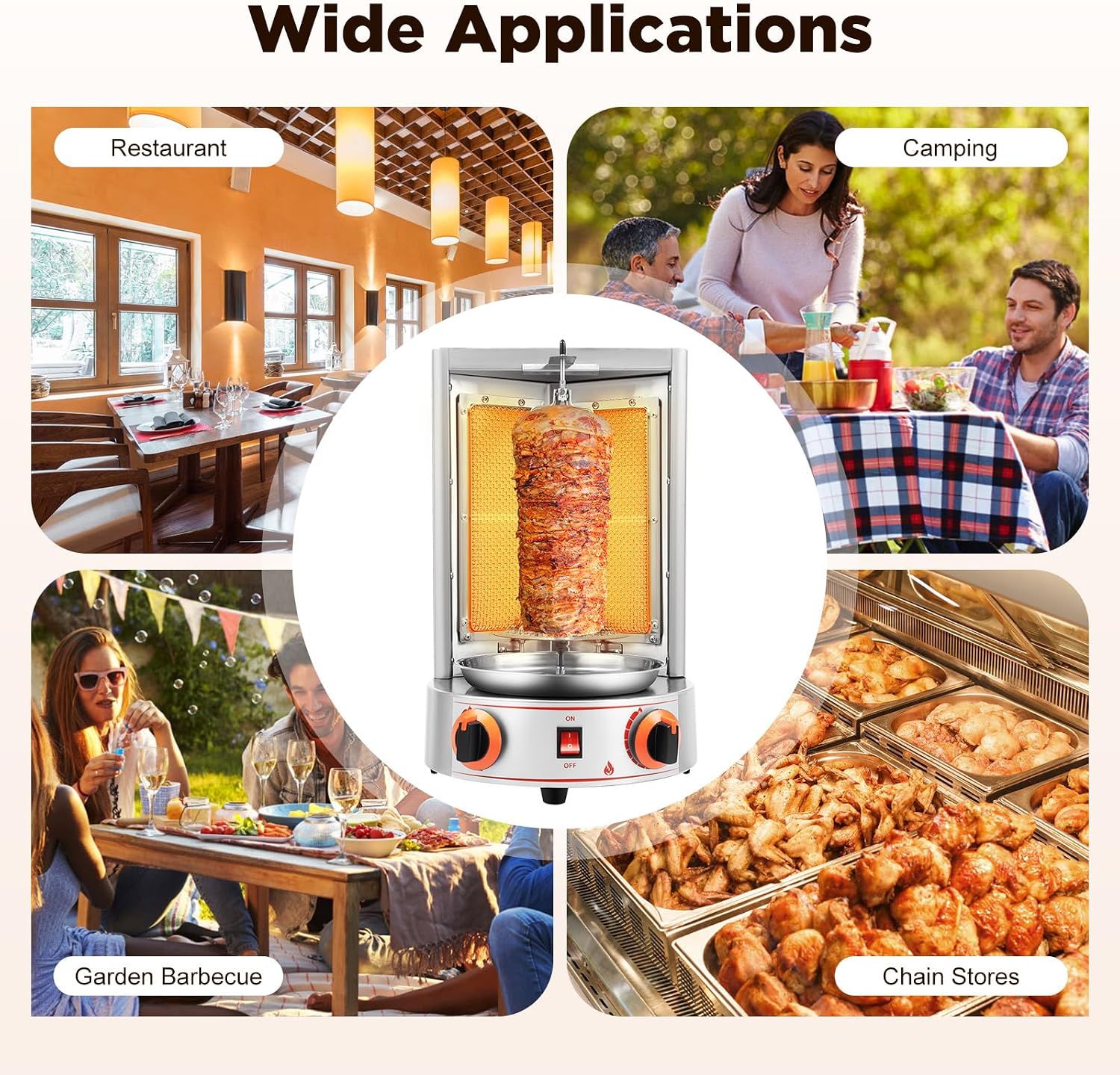 Gas Vertical Broiler BBQ Grill,Commercial Electric Grill Automatic Rotating Machine,Gyros Rotisserie Grill 3000W 110V w/2 Burners Doner Kebab Machine for party (2 Burners)