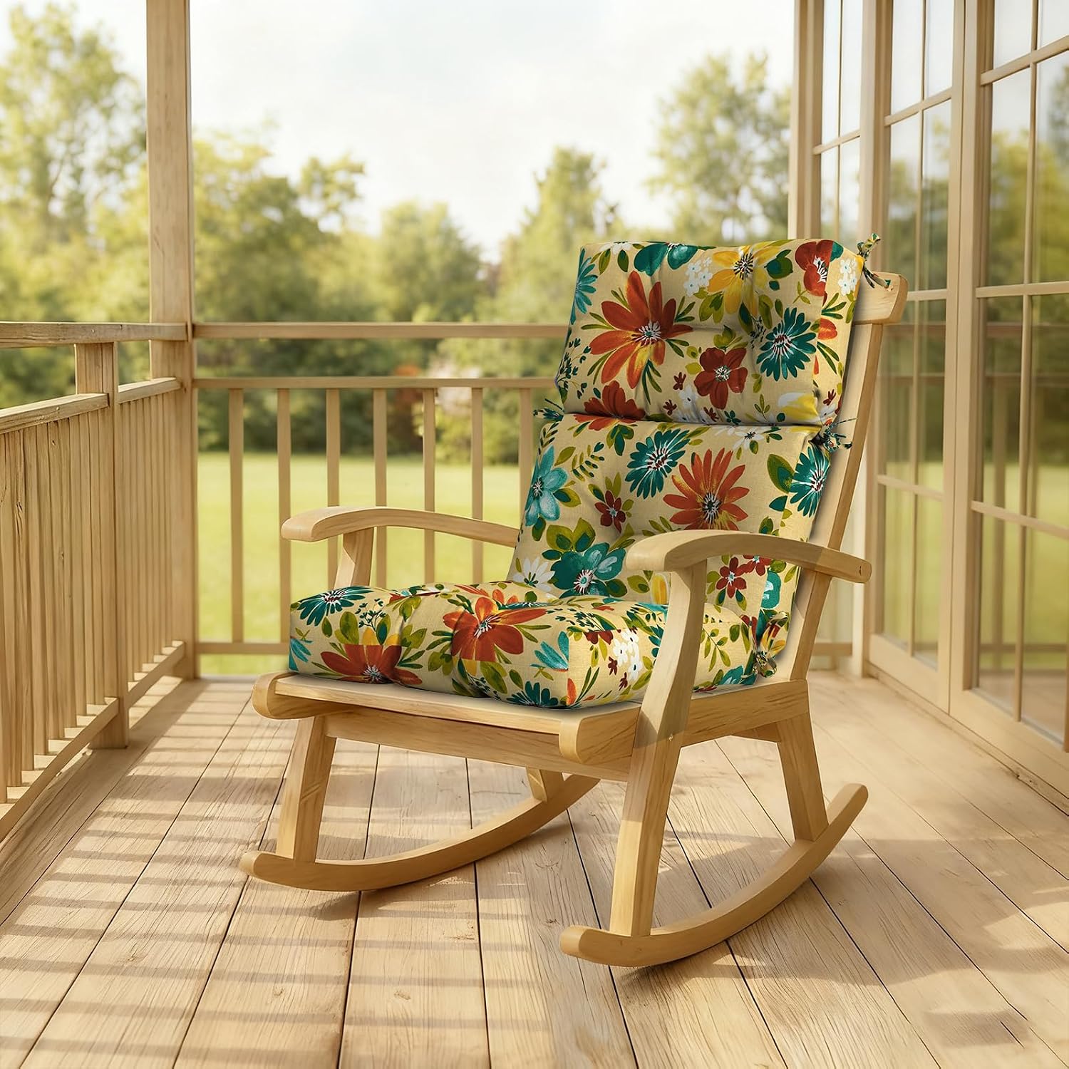 DYTXIII Outdoor High Back Chair Cushions Set of 2, Water Repellent Tufted Rocking Seat Cushions Replacement 44 x 22 Inch, Seat & Back Chair Pads for Patio, Balcony and Indoor Use -Flower Multi
