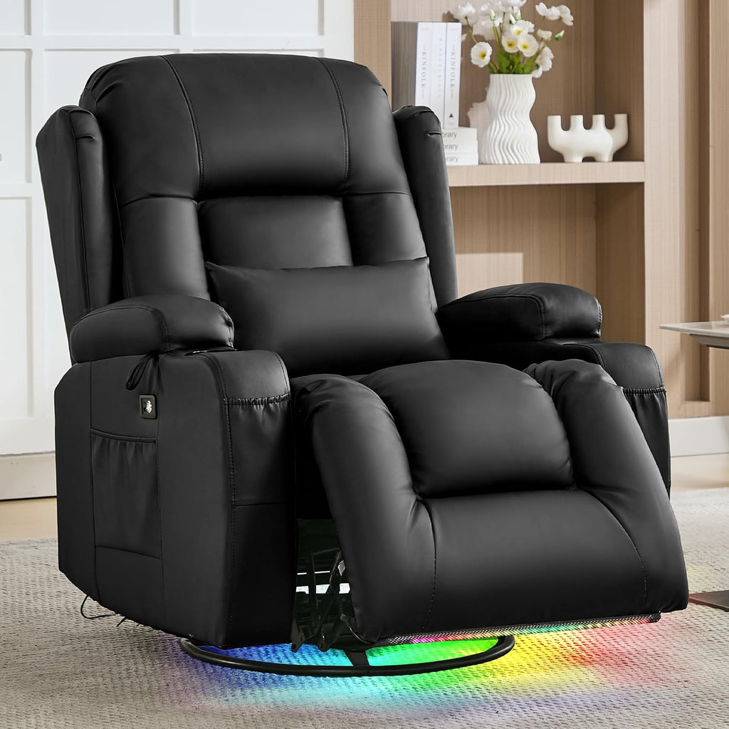 URRED Rocker Recliner Chair for Adults, 270° Swivel Glider Reclining Single Sofa with LED Ambient Light and Storage, Faux Leather Recliner for Living Room or Home Theater (Black, Set of 1)