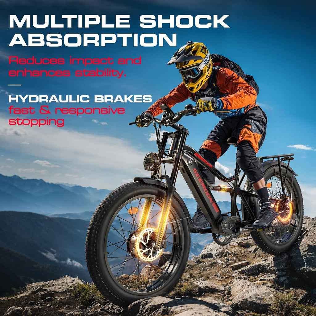 Seemoon 4000W Dual Motor Electric Bike for Adults,36 MPH Max up to100-Miles,52V 20Ah Battery & 160 Nm ,26' Fat Tire Mountain Ebike for Men Women,Full Suspension E-bike for Commuter Hunting Off-Road