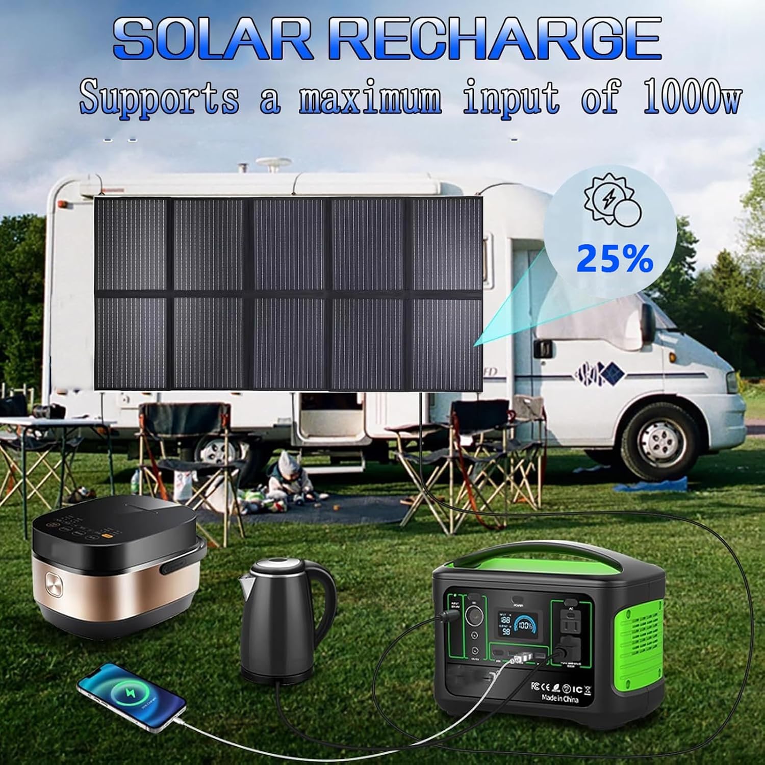 1000W Portable Solar Panel, 72V Foldable Solar Panel 25.8% High Efficiency IP68 Waterproof with 10ft 4-in-1 Cable and 10×DC Adapter for Power Station Camping RV
