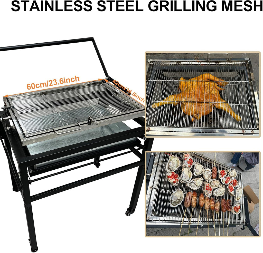Portable Charcoal BBQ Grill,Rotating Barbecue Grill w/Stainless Steel Cooking Grids,Adjustable Charcoal Tray, for Camping, Picnic