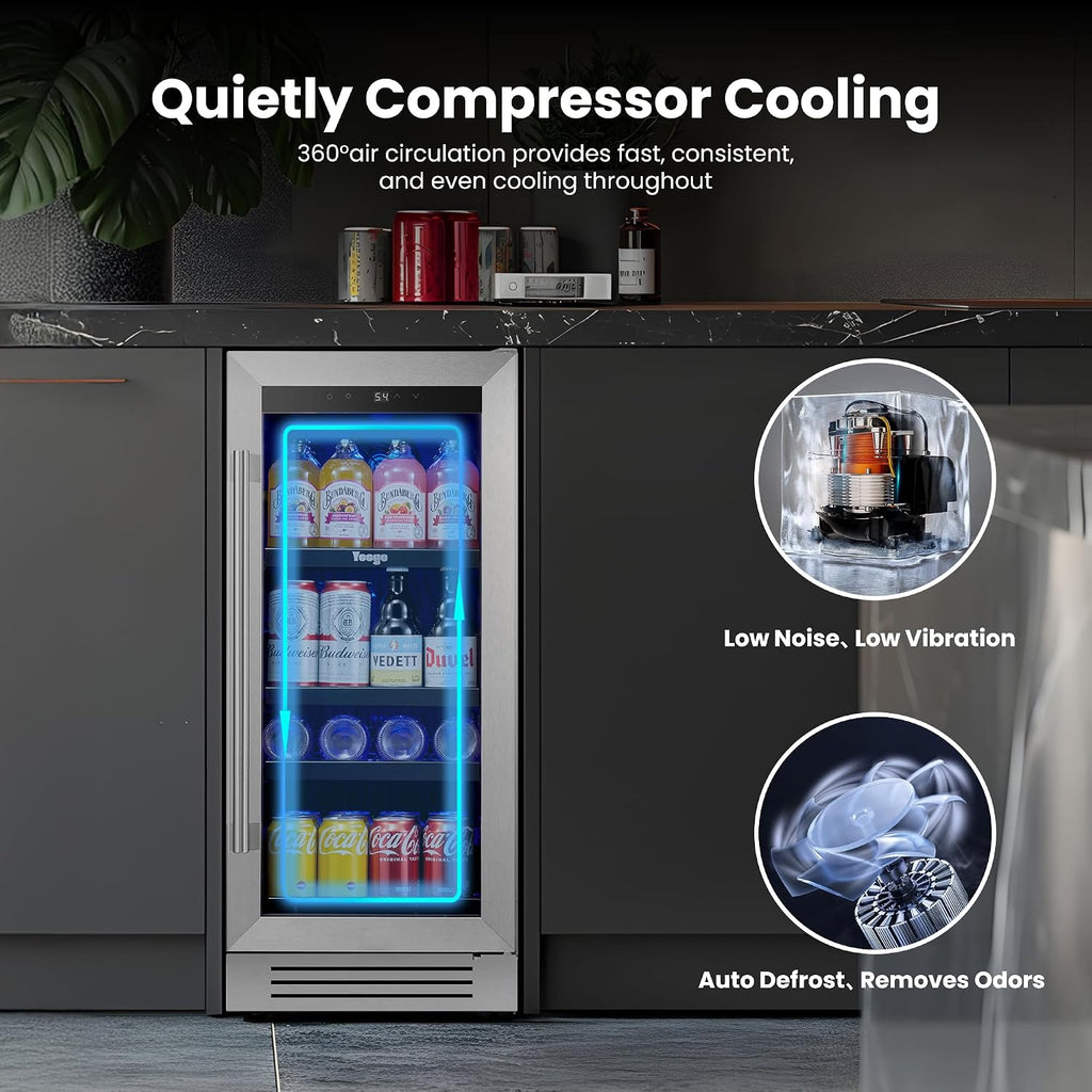 Yeego Beverage Refrigerator Cooler - 15 inch 100 Cans Mini Fridge with Glass Door, 34-54 ℉ Drink Cooler, Built-in or Freestanding for Wine Beer Soda Bar Office Home Dorm