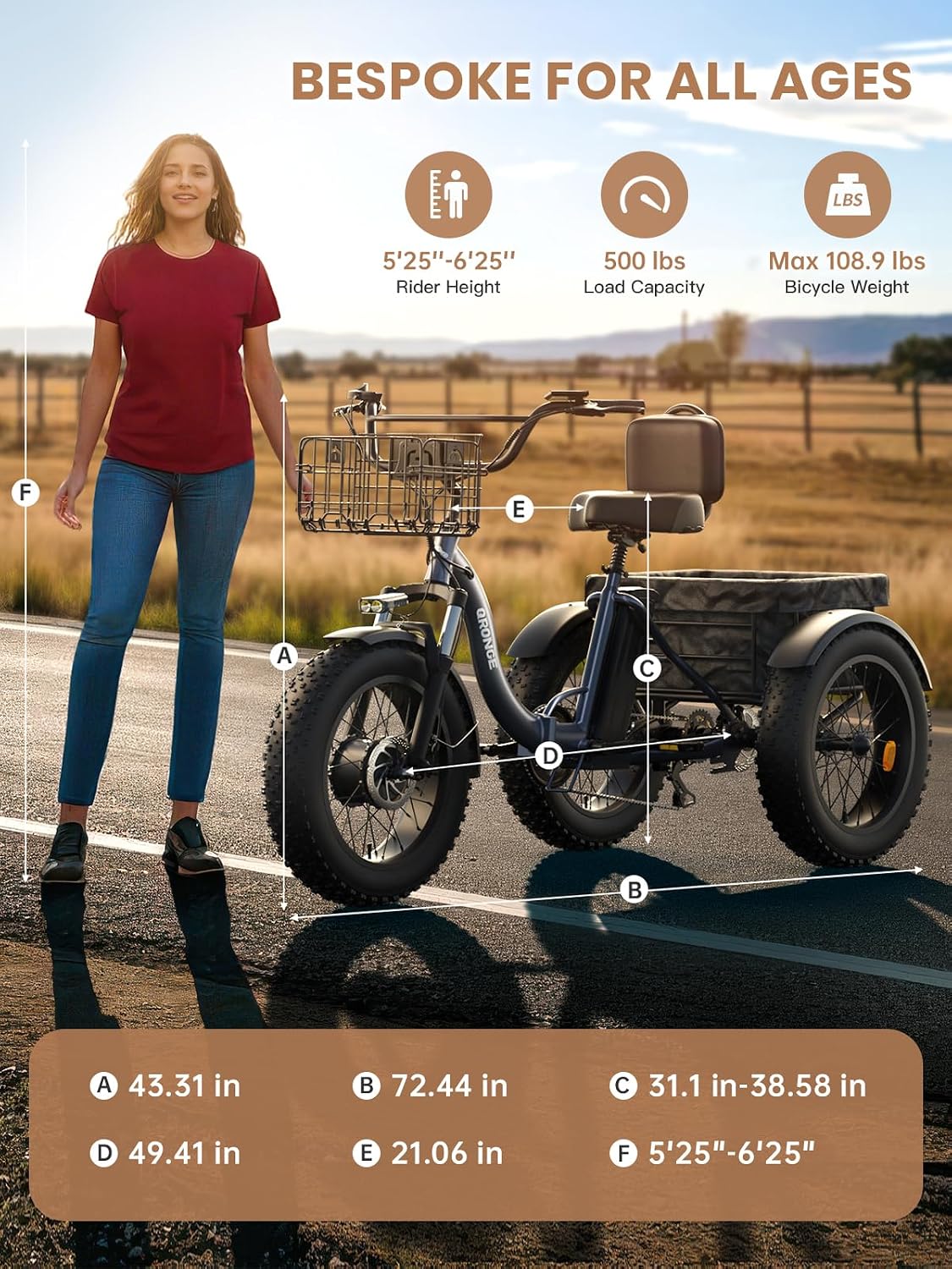 QRONGE Electric Tricycle for Adults 960W Peak, 36V 15AH Battery Ebike 50 Miles Range with Large Rear Basket, Electric Trike 20'*4' Fat Tire, Max 20MPH 3 Wheel Folding Electric Trike for Adults(Lava)