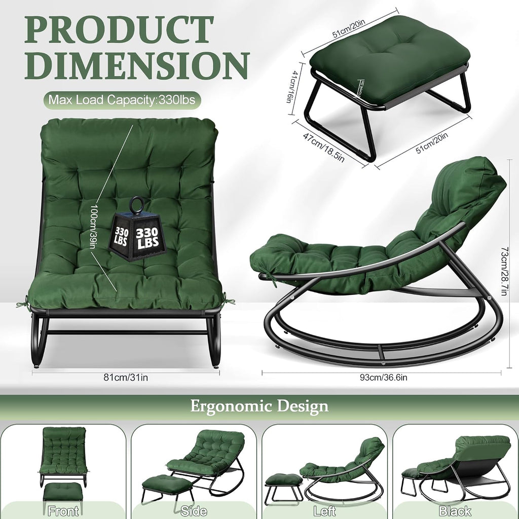 Outdoor Rocking Chair with Footstool, Oversized Patio Rocker with Deep Seat Thick Cushion, Rrocking Chairs for Bedroom, Living Room, Porch, Garden, Lawn (Green)