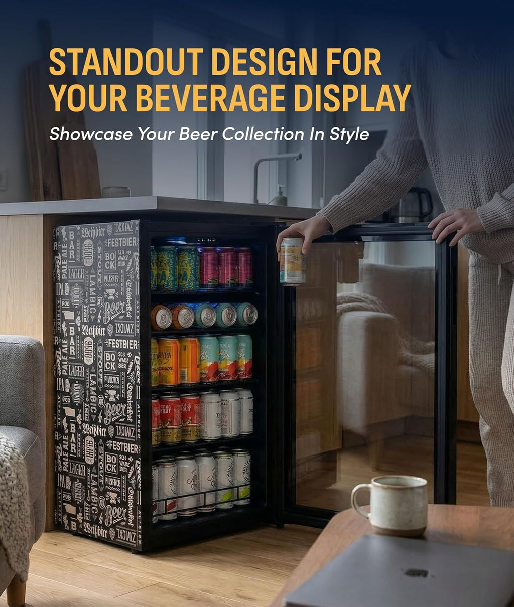NewAir 126 Can Beverage Refrigerator | Freestanding Mini Fridge for Home Bar or Office | SplitShelf Storage, 32°F Cooling & LED Lighting | 'Beers of the World' Design