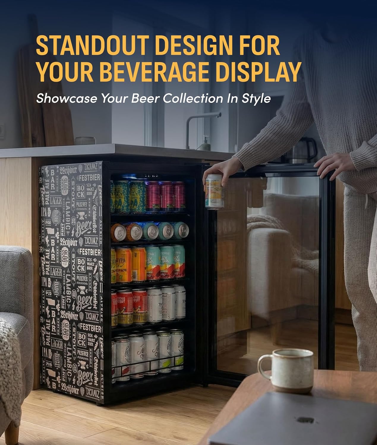 NewAir 126 Can Beverage Refrigerator | Freestanding Mini Fridge for Home Bar or Office | SplitShelf Storage, 32°F Cooling & LED Lighting | 'Beers of the World' Design