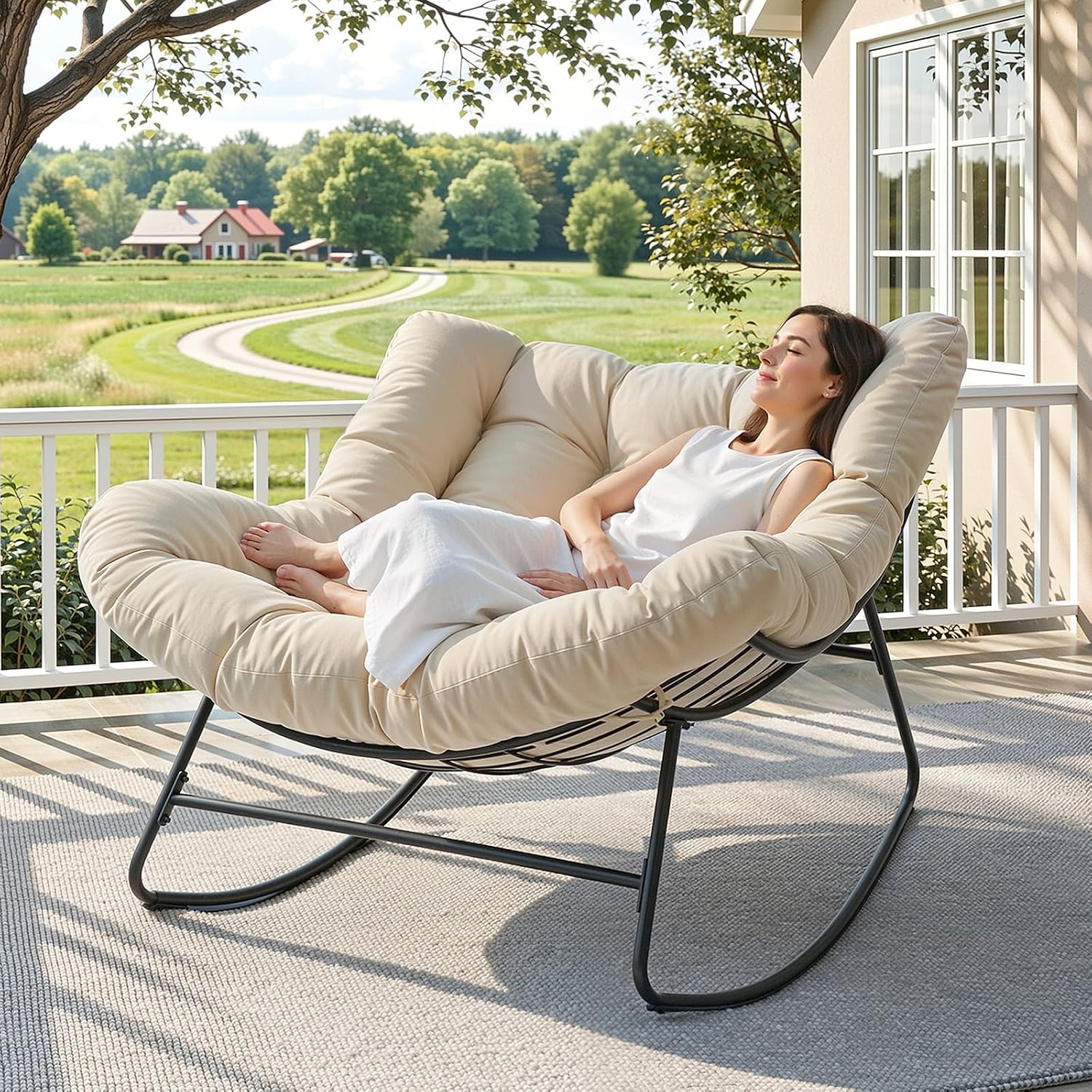 ONBRILL Outdoor Papasan Rocking Chair, 450 lbs Oversized Comfy Patio Chair with Thickened Cushion, Indoor Egg Rocking Lounge Chairs, Rocker Chairs for Patio Porch Garden Living Room Bedroom, Beige