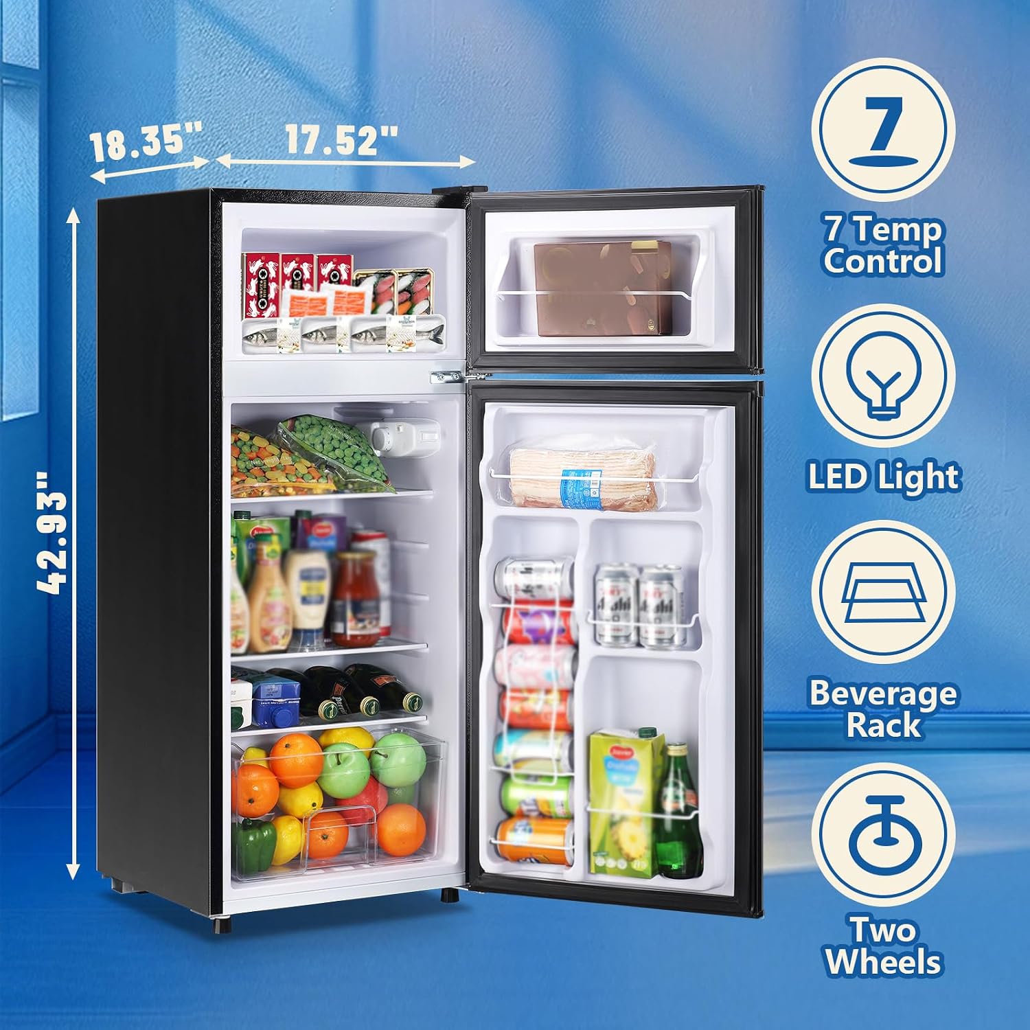 DEMULLER 4.5 CU.FT Capacity Compact Refrigerator with Freezer Double Door Mini Fridge Small Apartment Refrigerator with 7 Adjustable Temp Control & 3 Glass Shelves for Kitchen Office Dorm Black