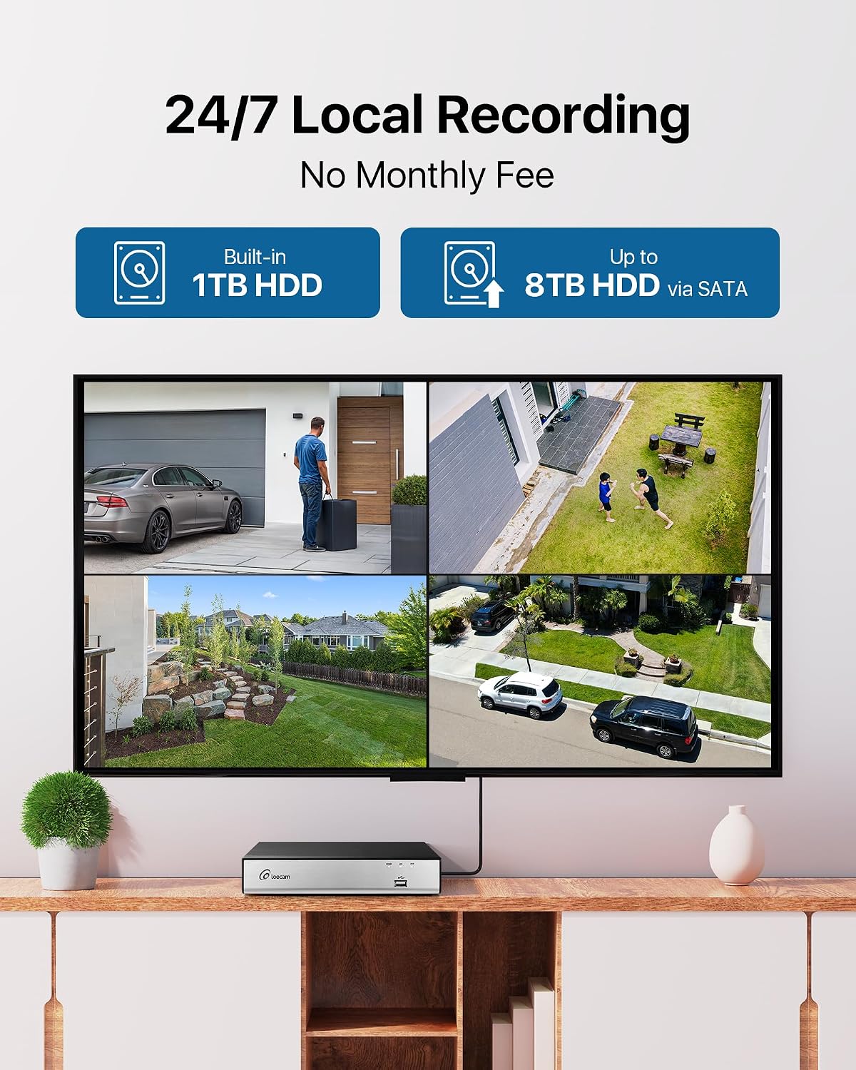 Loocam CCTV Camera Security System 1080p Indoor Outdoor, 24/7 Recording Security Camera System 8CH 4 Cams H.265+DVR with 1TB HDD, AI Human Vehicle Detection, Remote Access, App Email Alert