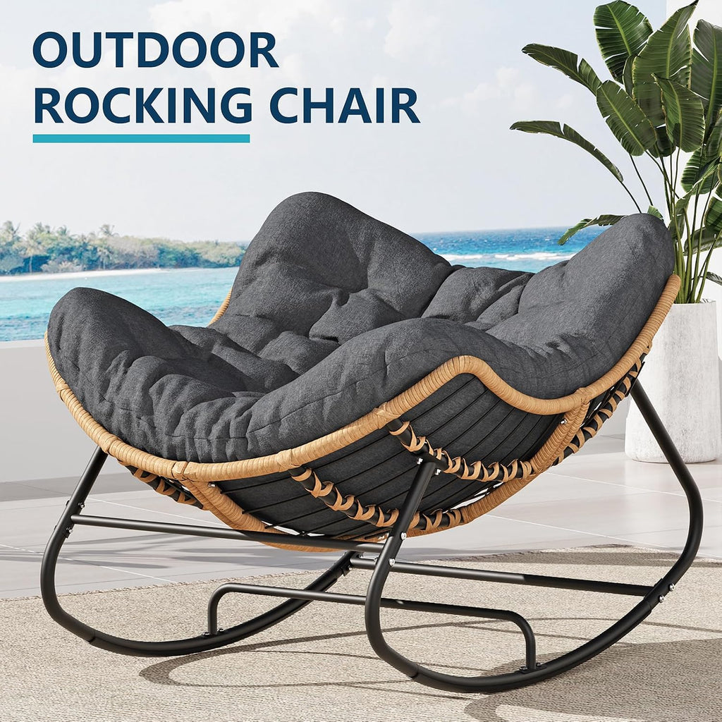 LEYCAY Outdoor Rocking Chair, Oversized Papasan Chair, Indoor Comfy Lounge Rocker with Cushion for Patio, Living Room, Porch, Balcony-Dark Grey
