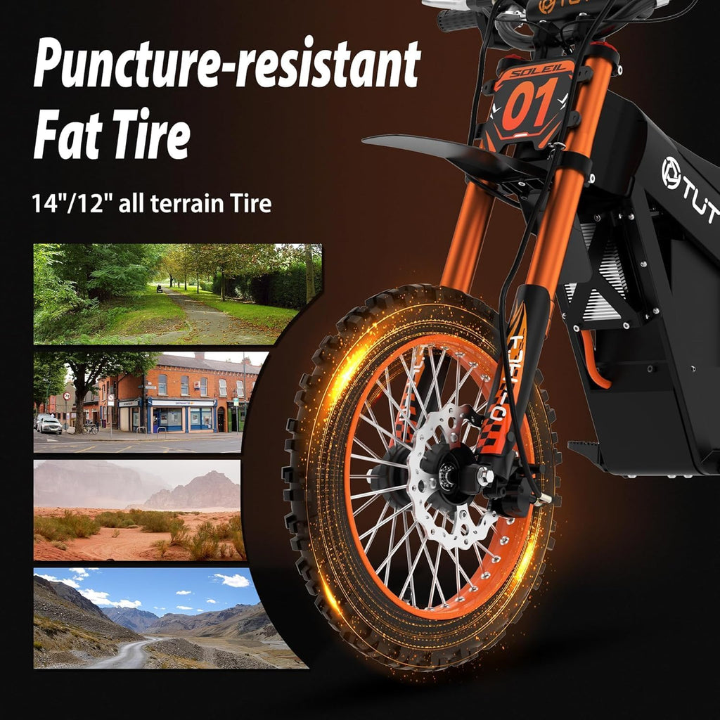 Tuttio Soleil01 Electric-Dirt-Bike for Teens Adults, 14'/12' Fat Tire 2000W 37MPH Electric-Motorcycle with 48V 21AH Battery Ebike 200NM Hydraulic Brakes Mountain Off-Road EBike