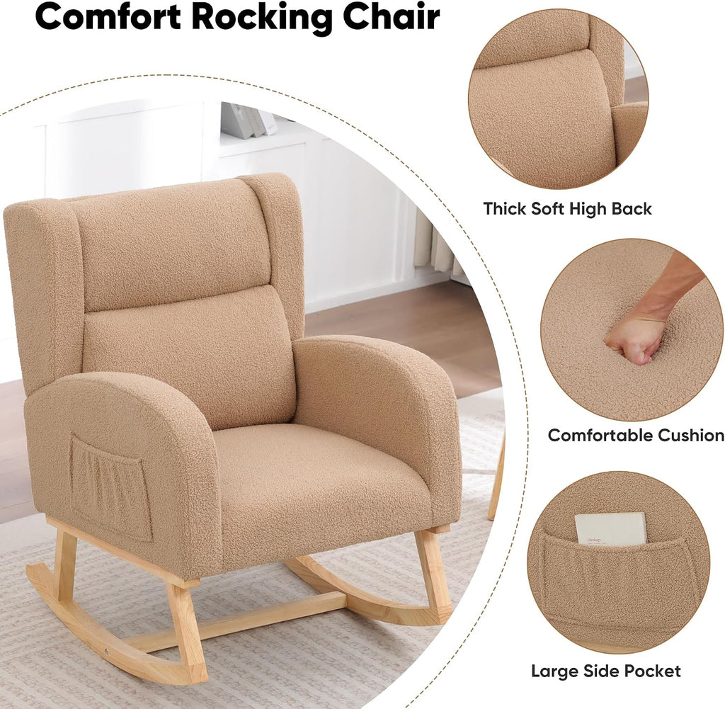 Rocking Chair Nursery,Teddy Nursery Rocking Chairs, Wingback Rocker for Nursery for Living Room Bedroom(Teddy Khaki)